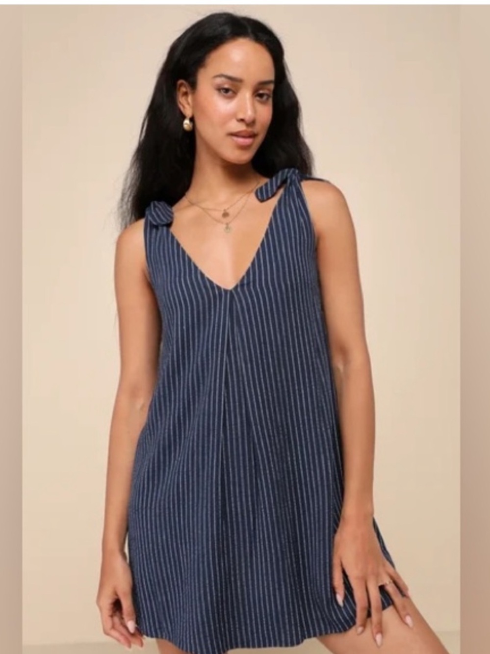 Lulus Spanish Summers Navy Stripe Linen Blend Tie Strap Mini Dress S